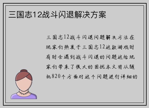 三国志12战斗闪退解决方案